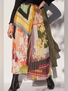 NWT Maeve Anthropologie Pleated Multicolor Floral Panel Maxi Skirt